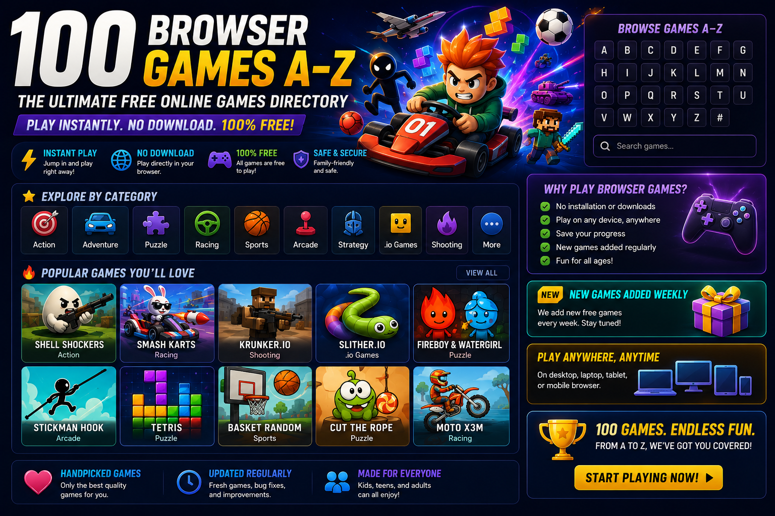 100 Browser Games A–Z: The Ultimate Free Online Games Directory (2026)